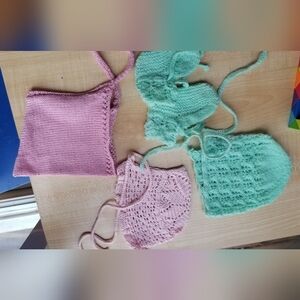 Handmade Pink and Mint Green Knit Baby Bonnets